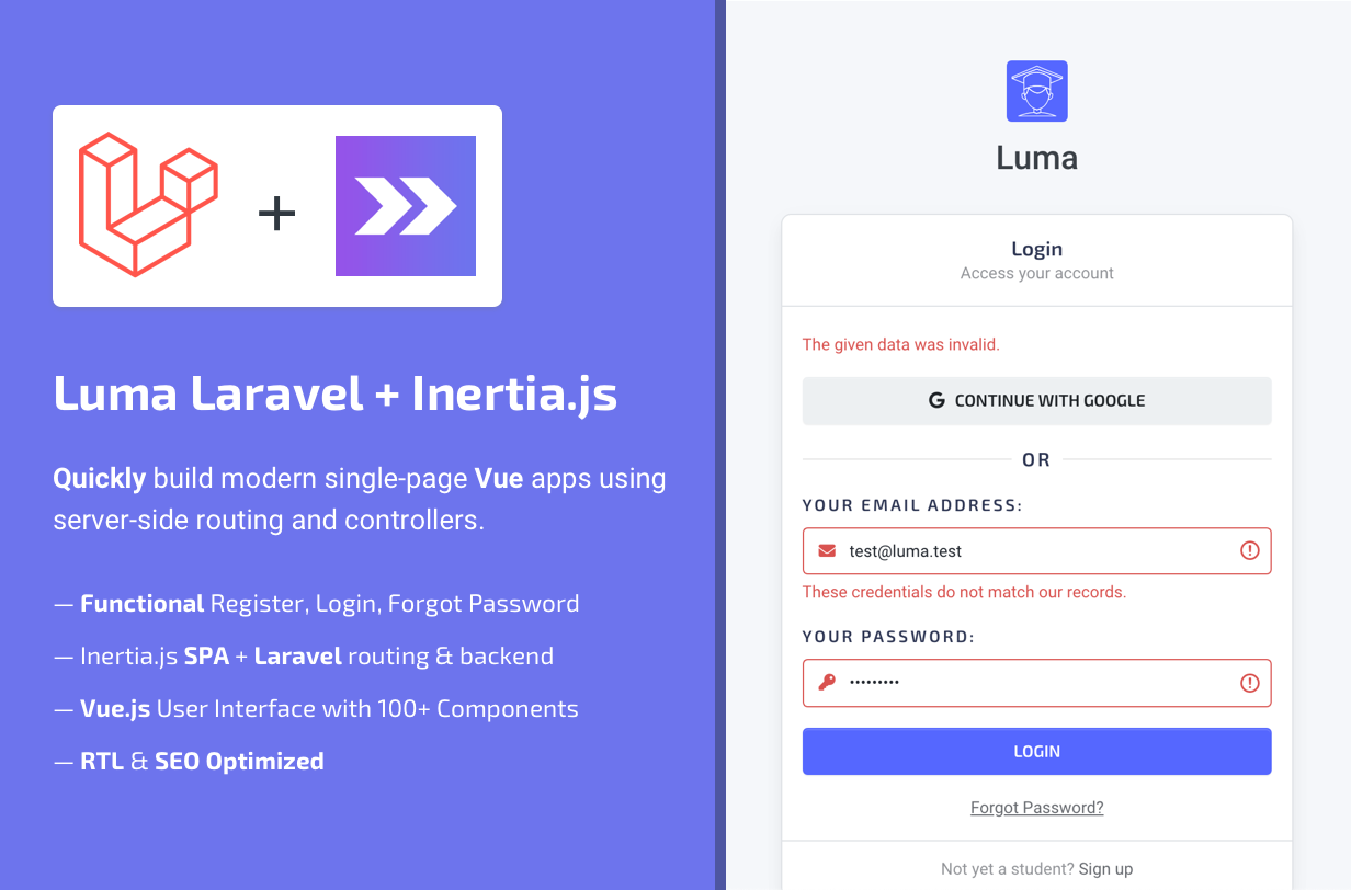 Luma Laravel + Inertia.js Features - Vue Admin Dashboard Template